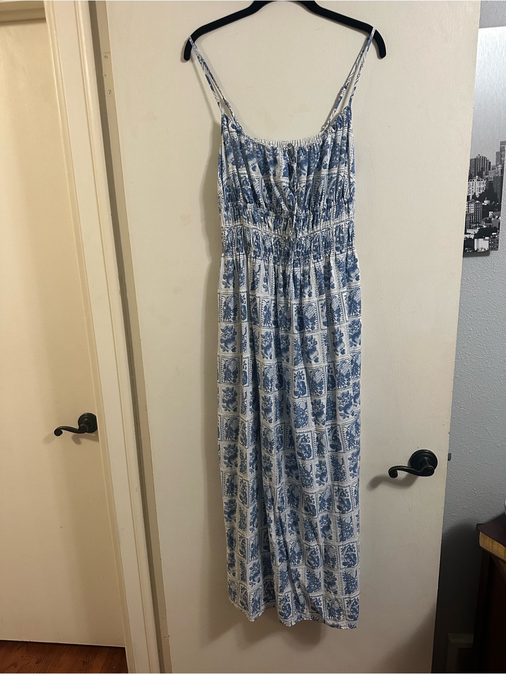 Abercrombie Blue and White Printed Smocked Maxi Dress